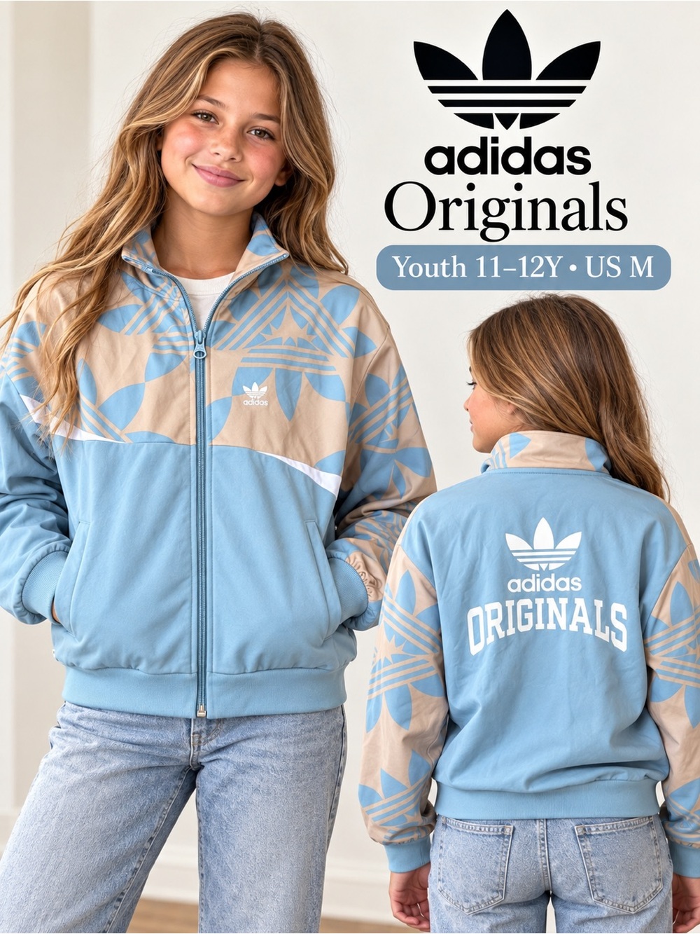 adidas Originals Light Blue & Beige Zip-Up Youth Track Jacket